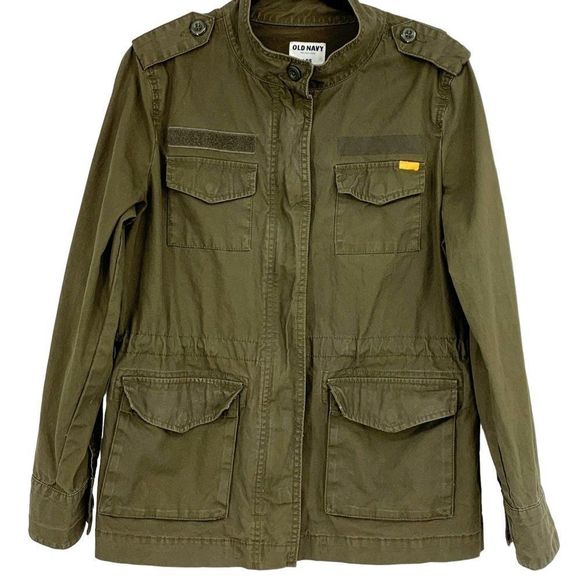 Womens Old Navy Military Jacket Olive Size Large 2311 Patches Drawstring - Picture 1 of 10